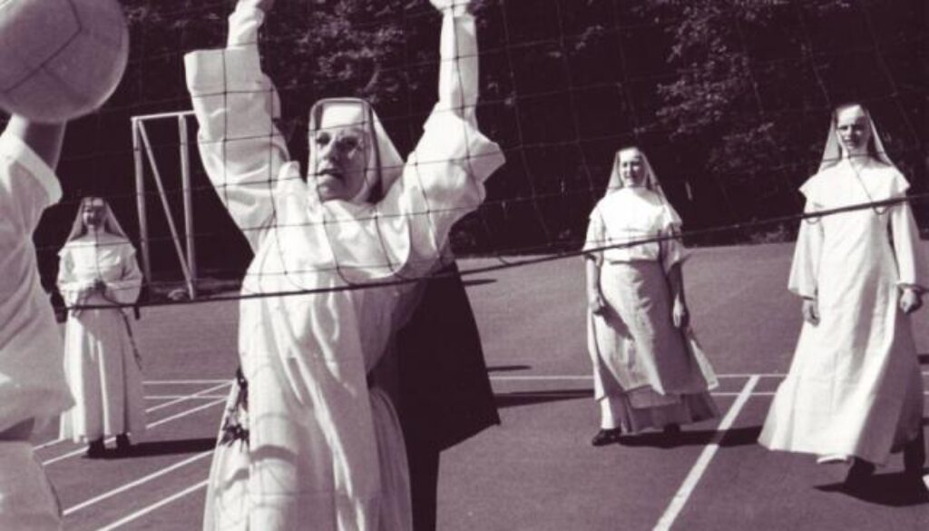 Nuns playing volleyball throughout the years.